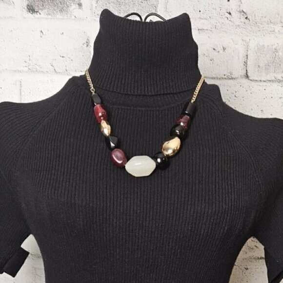 Chunky Red Black Gold Beaded Statement Necklace w/ Gold Tone Chain - Picture 2 of 6